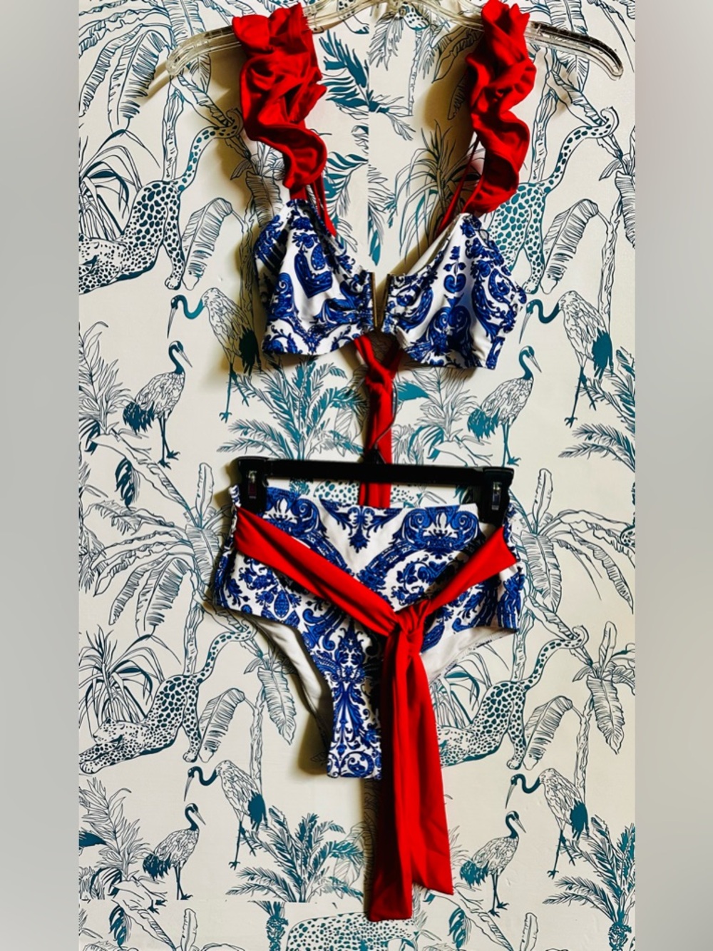 Blue & White Paisley Bikini with Red Accents